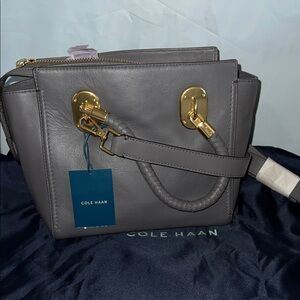 Cole Haan Charcoal gray benson Satchel small tote bag Gold Accents new purse